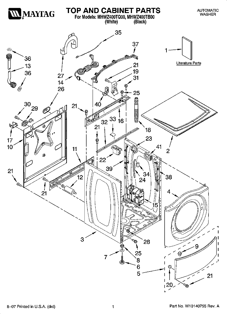 TOP AND CABINET PARTS Diagram and Parts List for MHWZ400TQ00  Maytag Washer