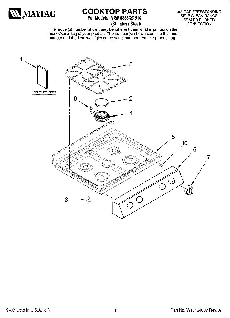 COOKTOP PARTS Diagram and Parts List for MGRH865QDS10  Maytag Range