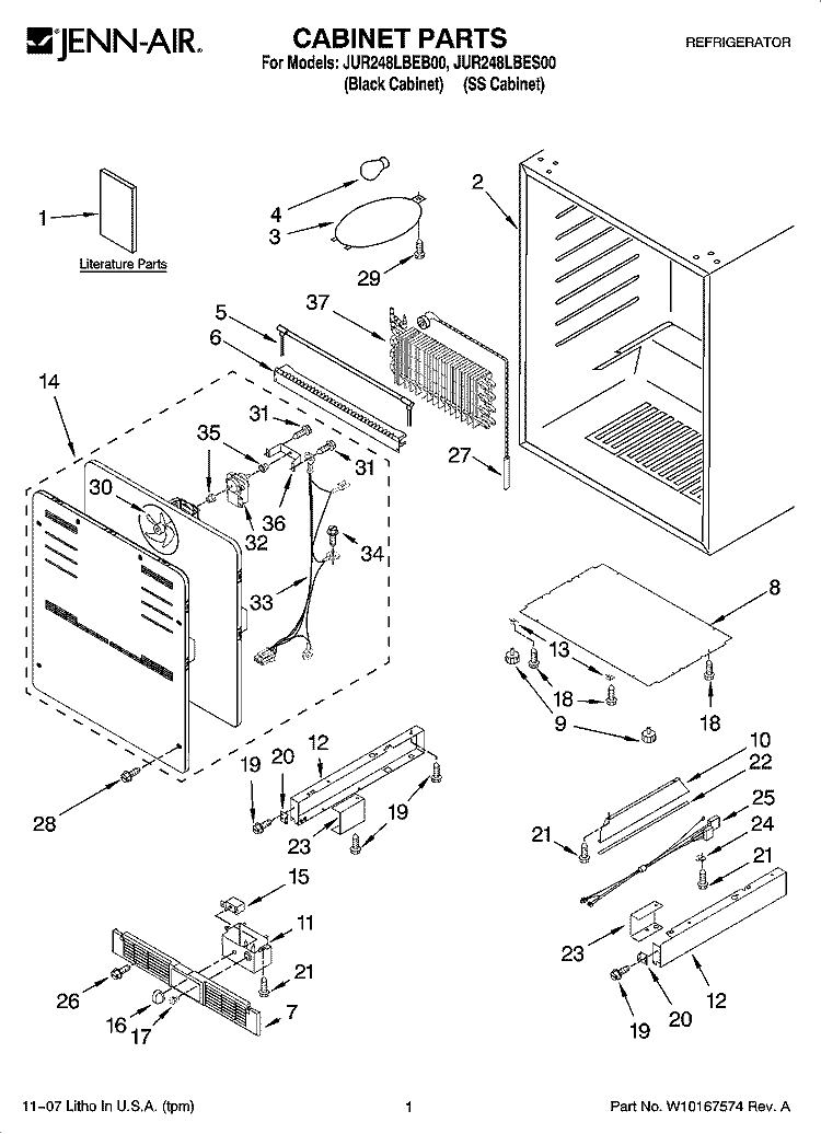 CABINET PARTS Diagram and Parts List for JUR248LBEB00  Jenn-Air Refrigerator