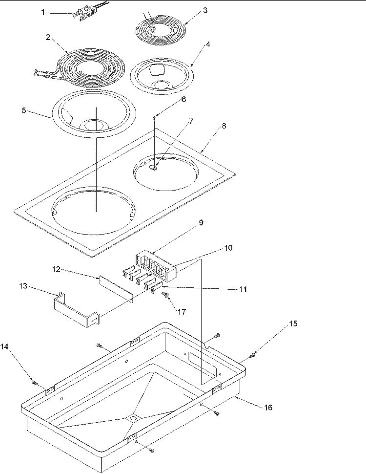 ACR110 and CC1xF Electric Coil Diagram and Parts List for ACR110WW P1133385NWW Amana Cooktop