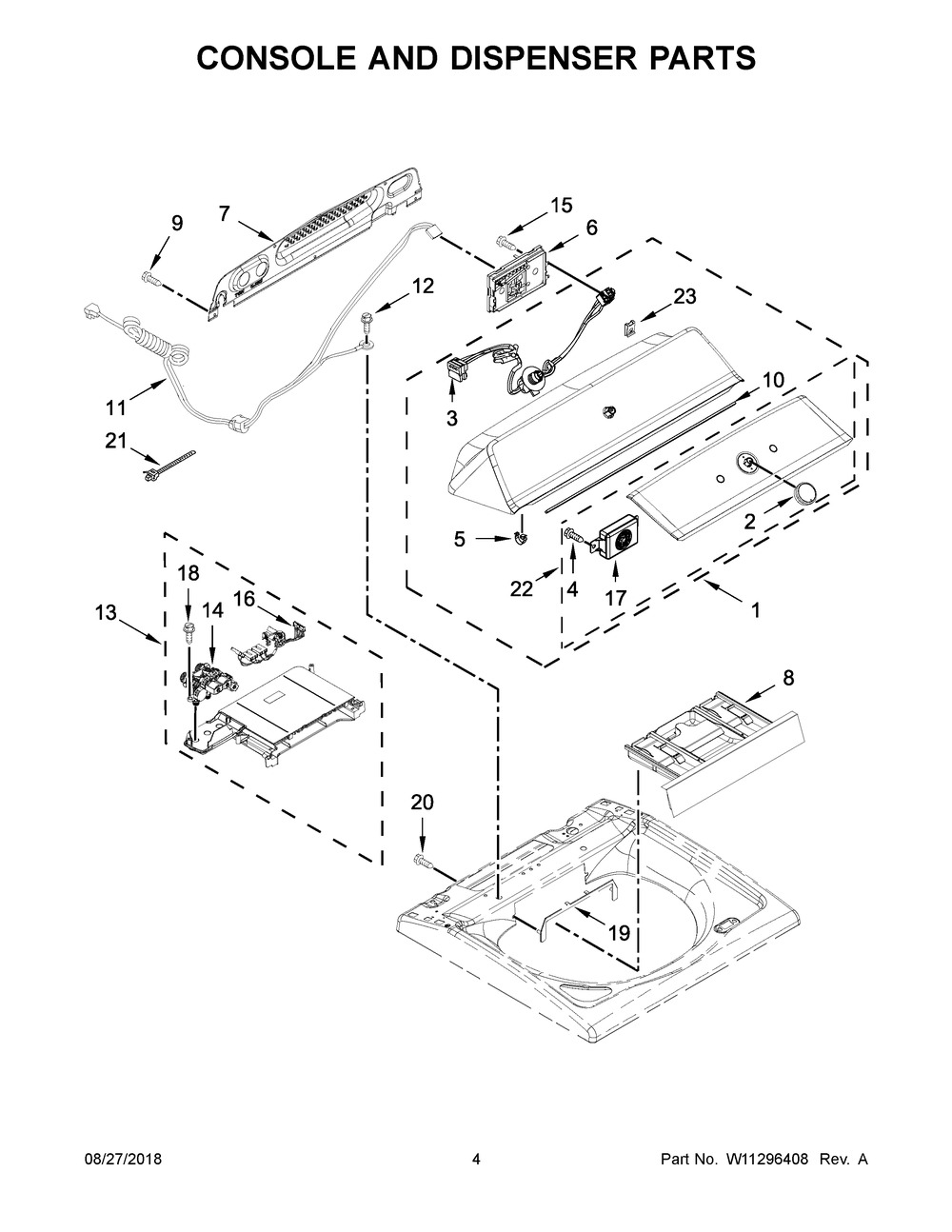 Console And Dispenser Parts Diagram and Parts List for MVWB835DC4  Maytag Washer
