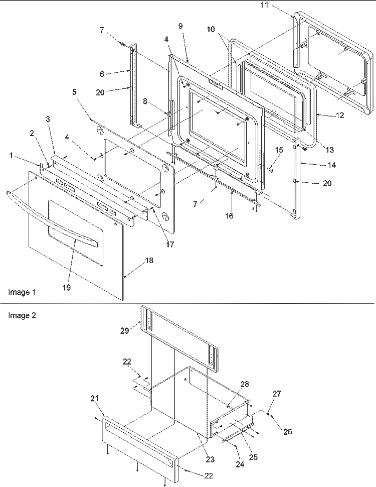 Oven Door and Storage Drawer Diagram and Parts List for ARTS6651E P1143914N E Amana Range