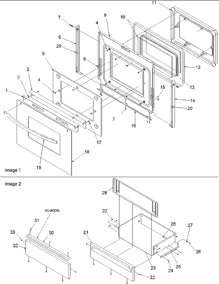 Oven Door and Storage Drawer Diagram and Parts List for ARTSC8651SS P1143912NSS Amana Range