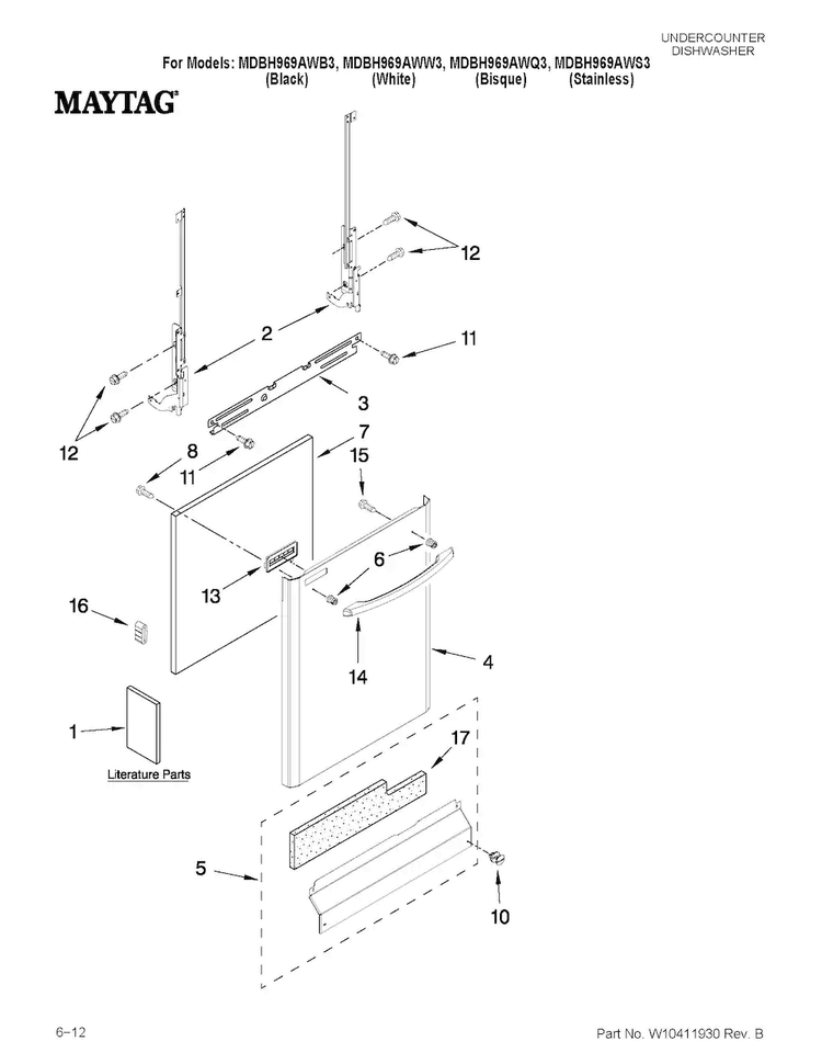 Door And Panel Parts Diagram and Parts List for MDBH969AWB3  Maytag Dishwasher
