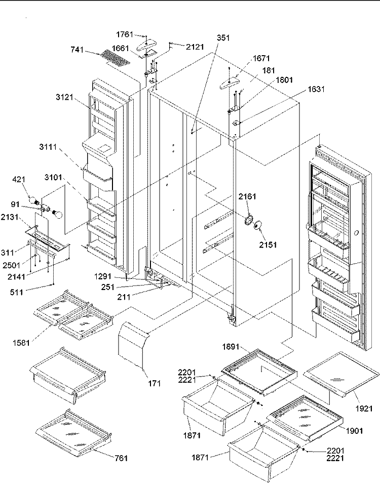 Refrigerator / Freezer Shelves / Hinges Diagram and Parts List for SRD22S5E P1190304W E Amana Refrigerator