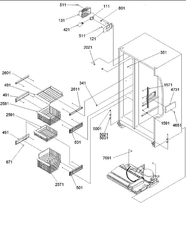 Freezer Shelves and Lights Diagram and Parts List for SRD22S5E P1190304W E Amana Refrigerator