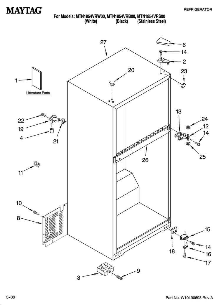 Cabinet Parts Diagram and Parts List for MTN1854VRS00  Maytag Refrigerator