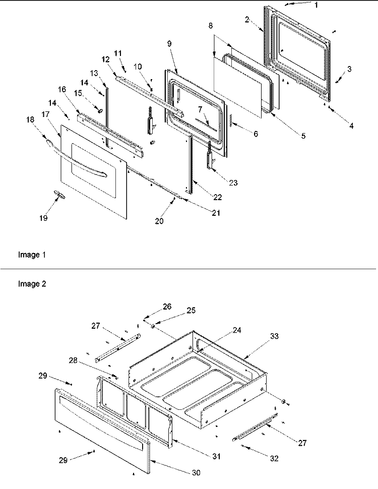 OVEN DOOR AND STORAGE DRAWER Diagram and Parts List for ACF4215AC PACF4215AC1 Amana Range