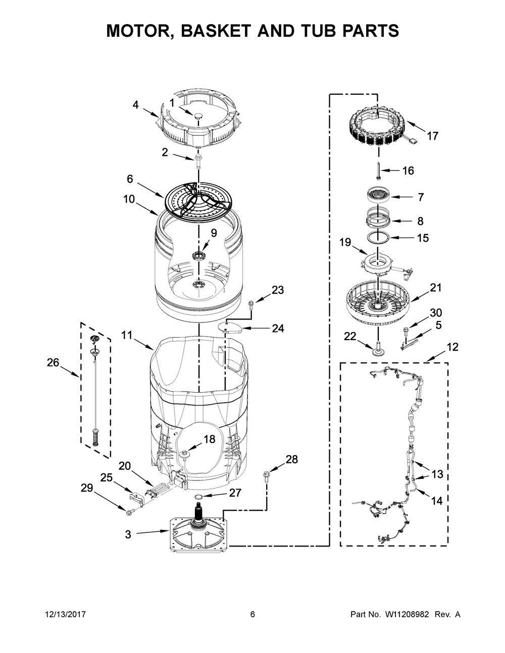 Motor, Basket And Tub Parts Diagram and Parts List for 7MMVWB955FC1  Maytag Washer