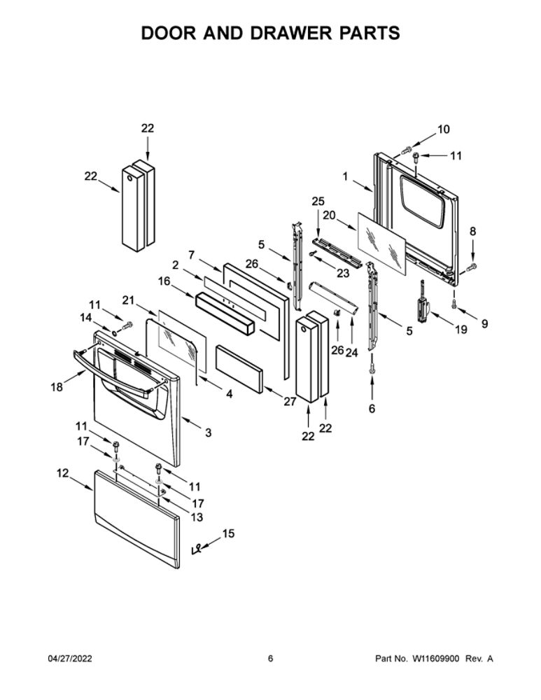 Door And Drawer Parts Diagram and Parts List for AEP222VAW5  Amana Range