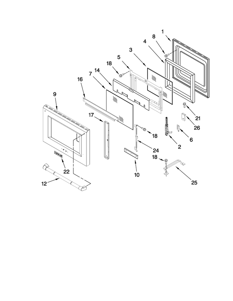 Oven Door Parts Diagram and Parts List for JGRP436WP00  Jenn-Air Range