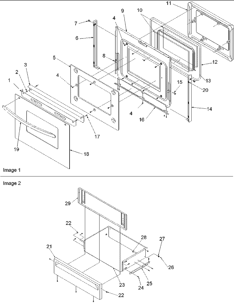 Oven Door and Storage Drawer Diagram and Parts List for ARRS6550E P1130691N E Amana Range