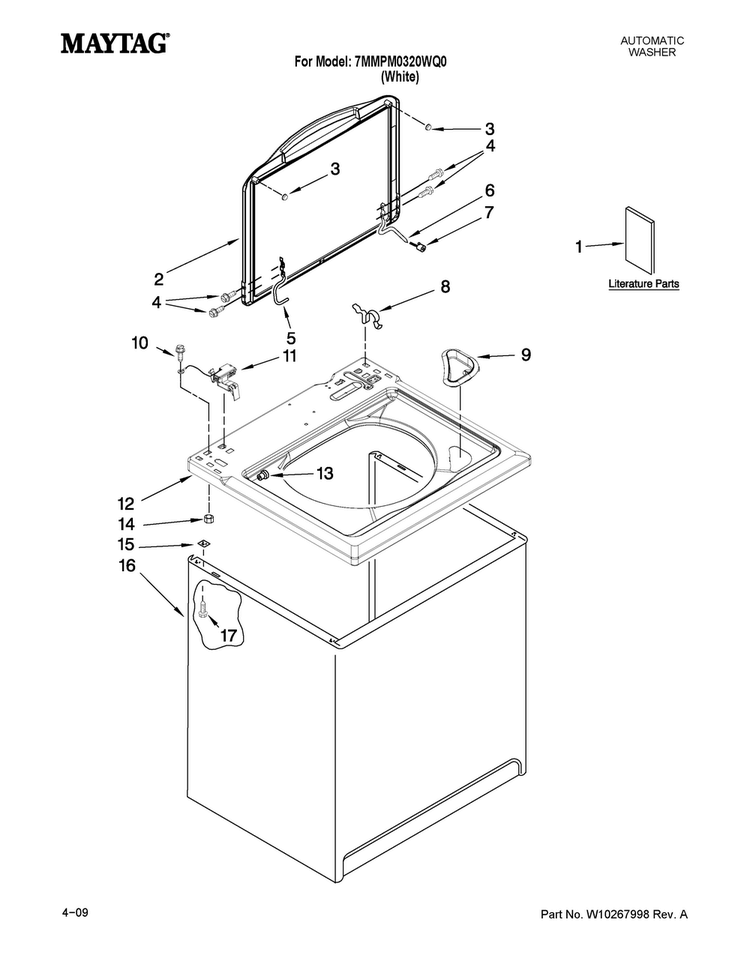 Top And Cabinet Parts Diagram and Parts List for 7MMPM0320WQ0  Maytag Washer