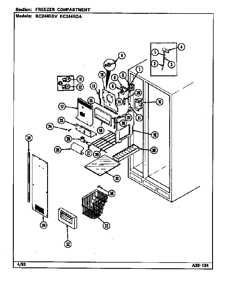 Freezer Compartment Diagram and Parts List for RC244RDA DS83B Magic Chef Refrigerator