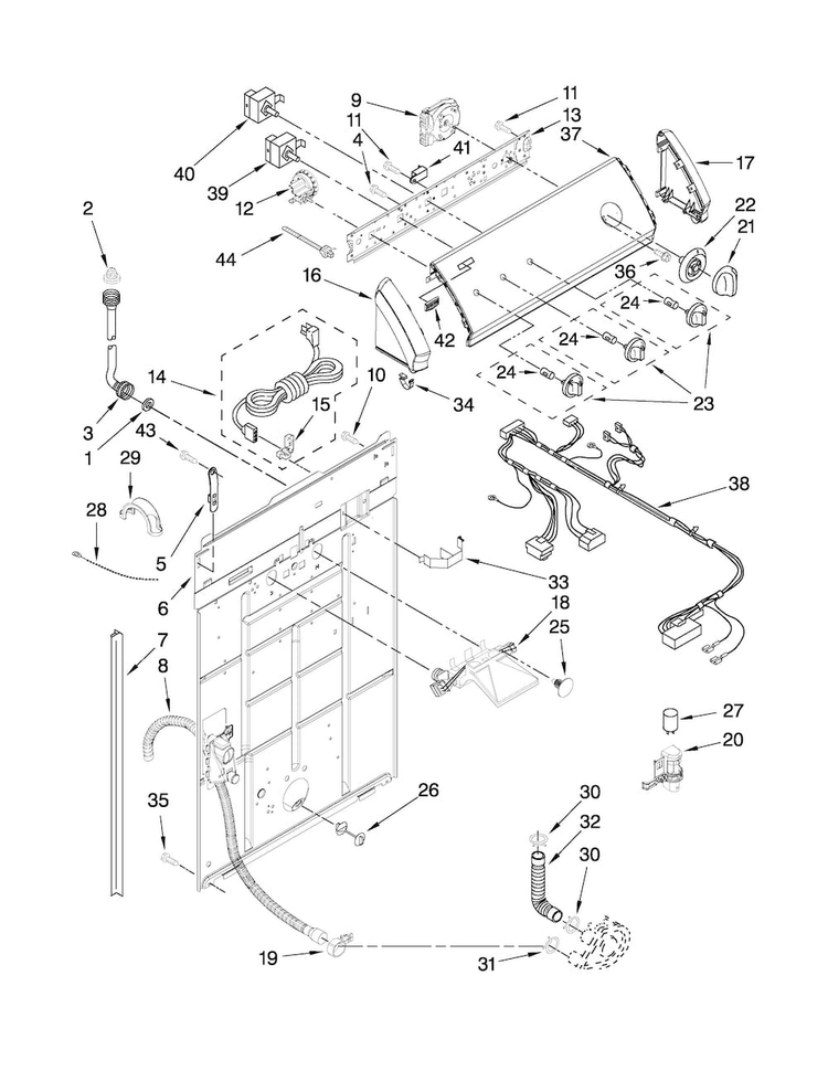 Controls And Rear Panel Parts Diagram and Parts List for 7MMTS0510XW0  Maytag Washer