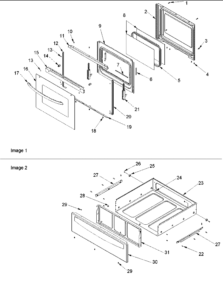 OVEN DOOR AND STORAGE DRAWER Diagram and Parts List for DCF4205AW PDCF4205AW0 Amana Range