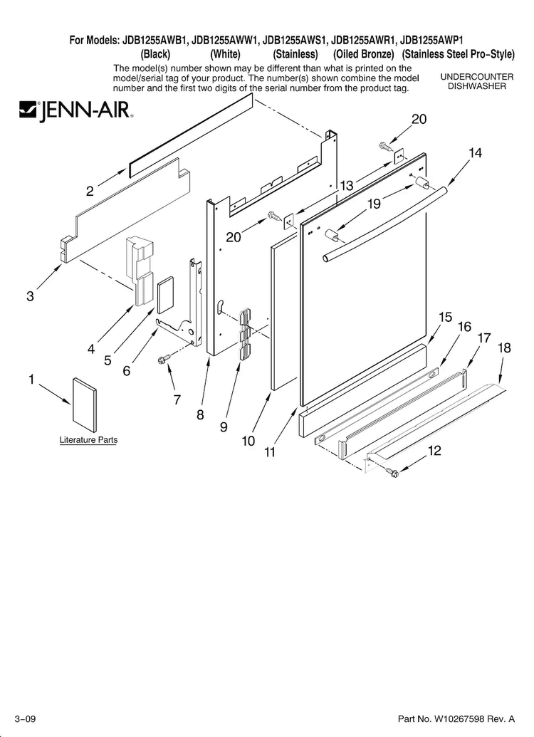 Door And Panel Parts Diagram and Parts List for JDB1255AWB1  Jenn-Air Dishwasher