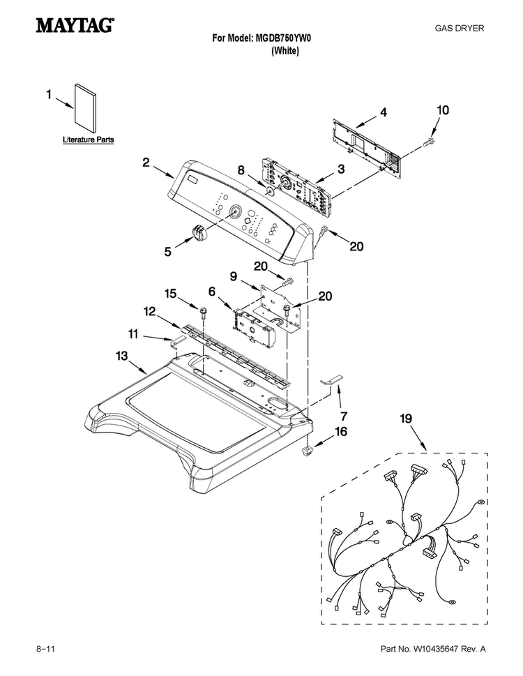 Top And Console Parts Diagram and Parts List for MGDB750YW0  Maytag Dryer