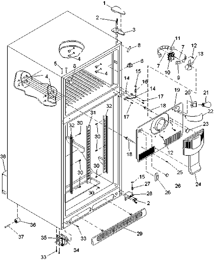 CABINET, HINGES, EVAP FAN & ROLLERS Diagram and Parts List for ART1805BC PART1805BC0 Amana Refrigerator