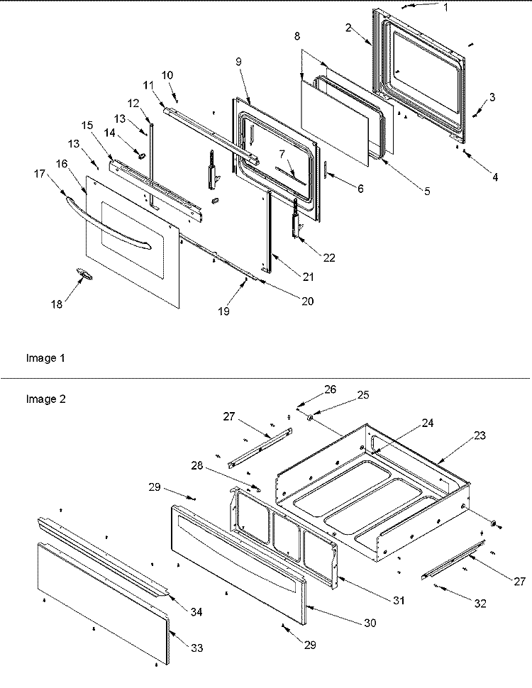OVEN DOOR AND STORAGE DRAWER Diagram and Parts List for ACF422GAC PACF422GAC0 Amana Range
