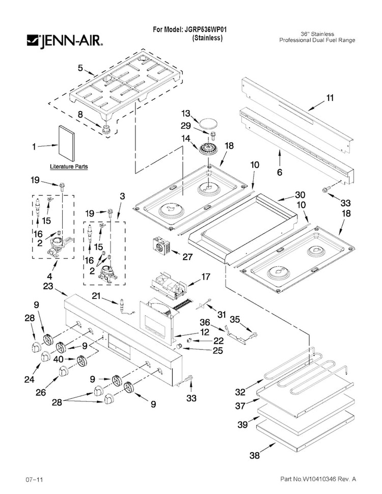 Cooktop, Burner And Grate Parts Diagram and Parts List for JGRP536WP01  Jenn-Air Range