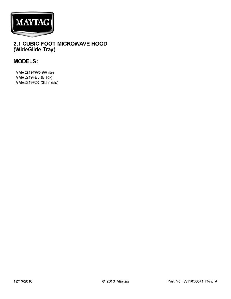 Cover Sheet Diagram and Parts List for MMV5219FW0  Maytag Microwave