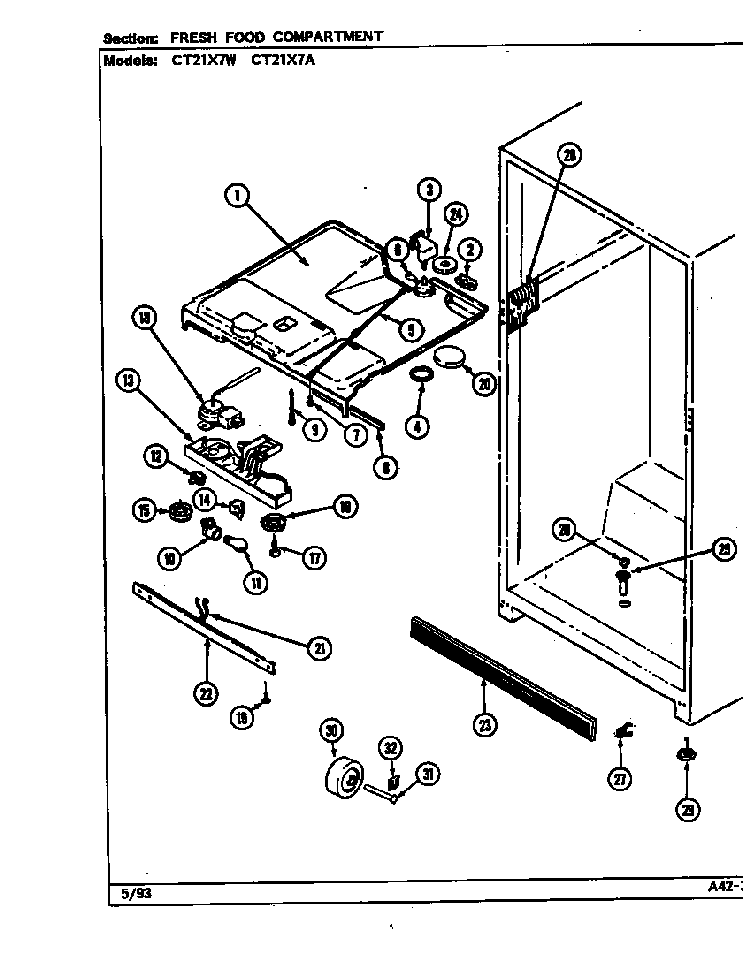 Fresh Food Compartment Diagram and Parts List for CT21X7W DD68A Crosley Refrigerator