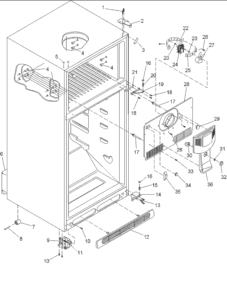 Cabinet, Hinges, Evap Fan & Rollers Diagram and Parts List for DRT1700BW PDRT1700BW0 Amana Refrigerator