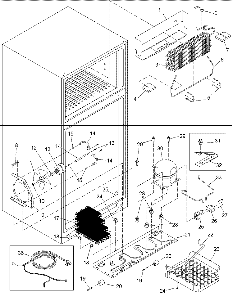Evaporator and Machine Compartment Diagram and Parts List for DRT1700BW PDRT1700BW0 Amana Refrigerator