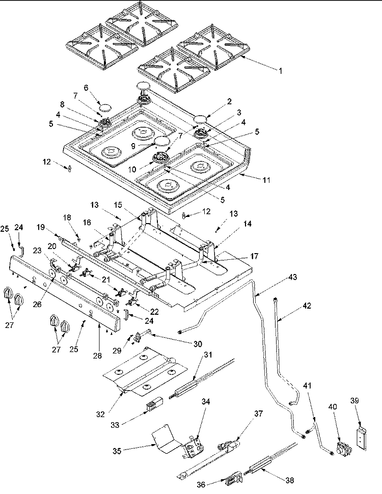 Maintop and Gas Supply Diagram and Parts List for ACF3335AB PACF3335AB2 Amana Range