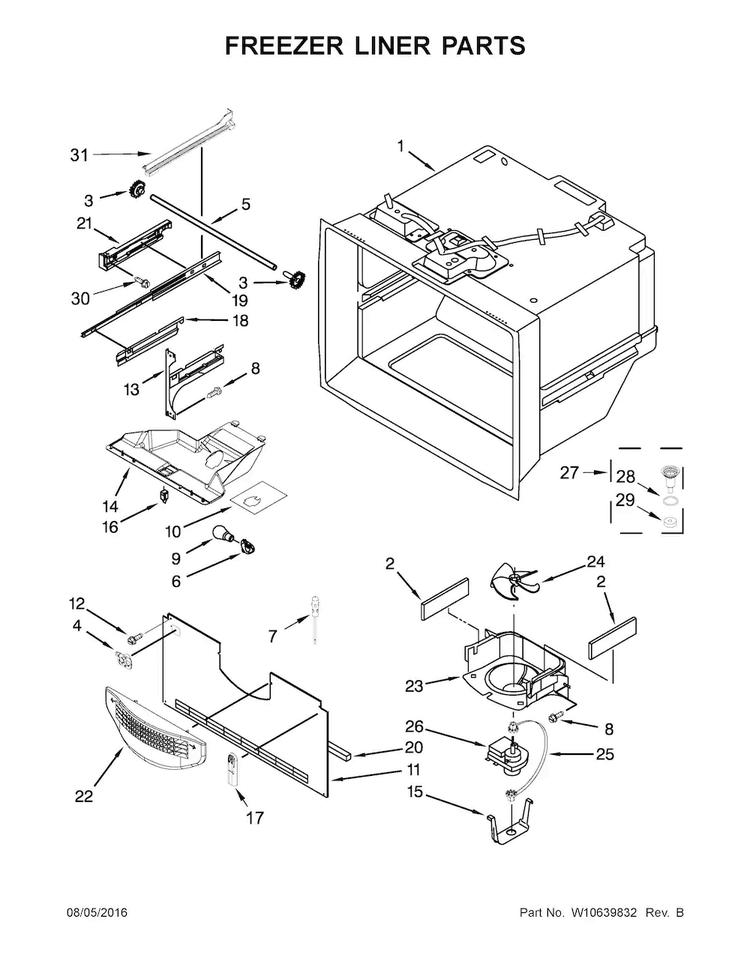Freezer Liner Parts Diagram and Parts List for ABB1924BRM00  Amana Refrigerator