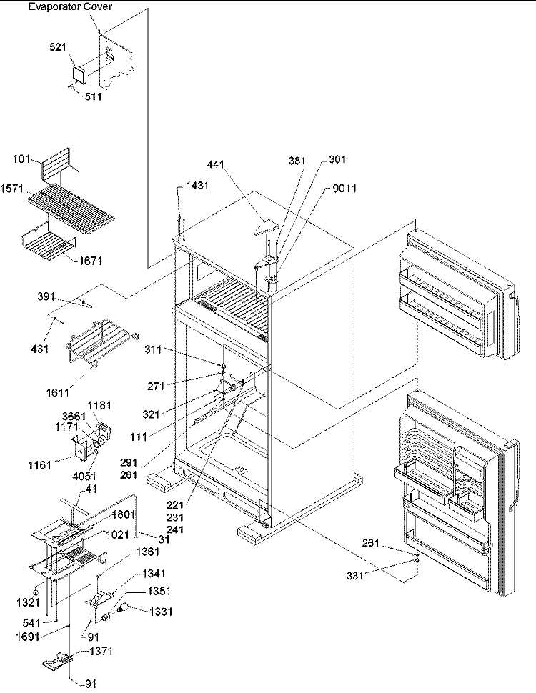 Door Hinges, Fz Duct, & MK Cont Assy Diagram and Parts List for ART2129ASR PART2129AS0 Amana Refrigerator