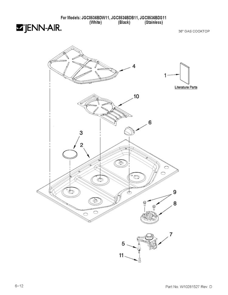 Cooktop, Burner And Grate Parts Diagram and Parts List for JGC8536BDW11  Jenn-Air Cooktop