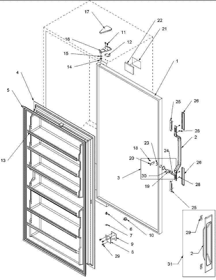 Door Assembly Diagram and Parts List for AFU1767AW PAFU1767AW0 Amana Freezer