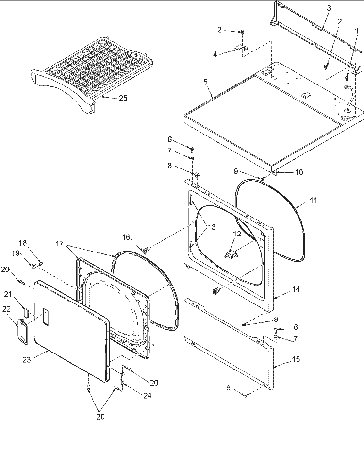 DOOR AND FRONT, ACCESS, AND TOP PANELS Diagram and Parts List for ALG956EAW PALG956EAW Amana Dryer