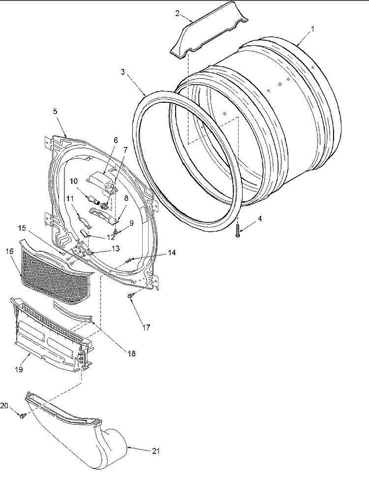 FRONT BULKHEAD, AIR DUCT & DRUM Diagram and Parts List for ALG956EAW PALG956EAW Amana Dryer
