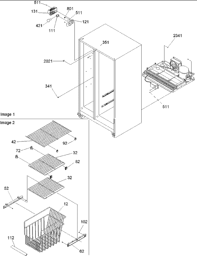 Freezer Shelves and Lights Diagram and Parts List for ARS266XAW PARS266XAW0 Amana Refrigerator