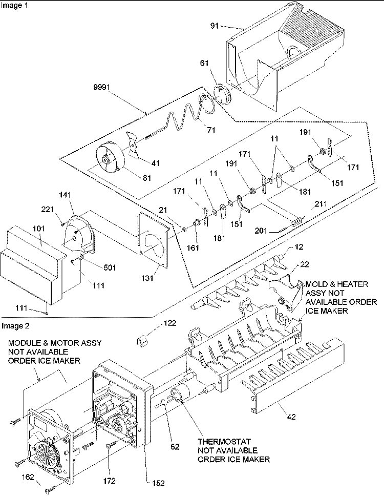 Ice Bucket Auger & Ice Maker Parts Diagram and Parts List for ARS266XAW PARS266XAW0 Amana Refrigerator