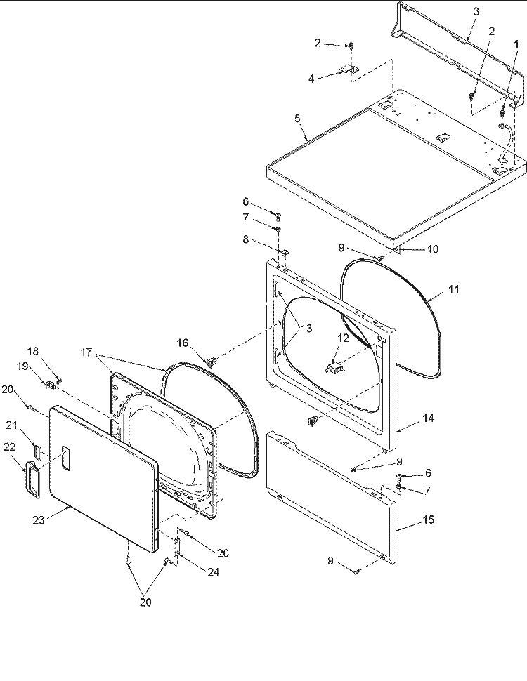 DOOR AND FRONT, ACCESS, AND TOP PANELS Diagram and Parts List for ALG643RBW PALG643RBW Amana Dryer