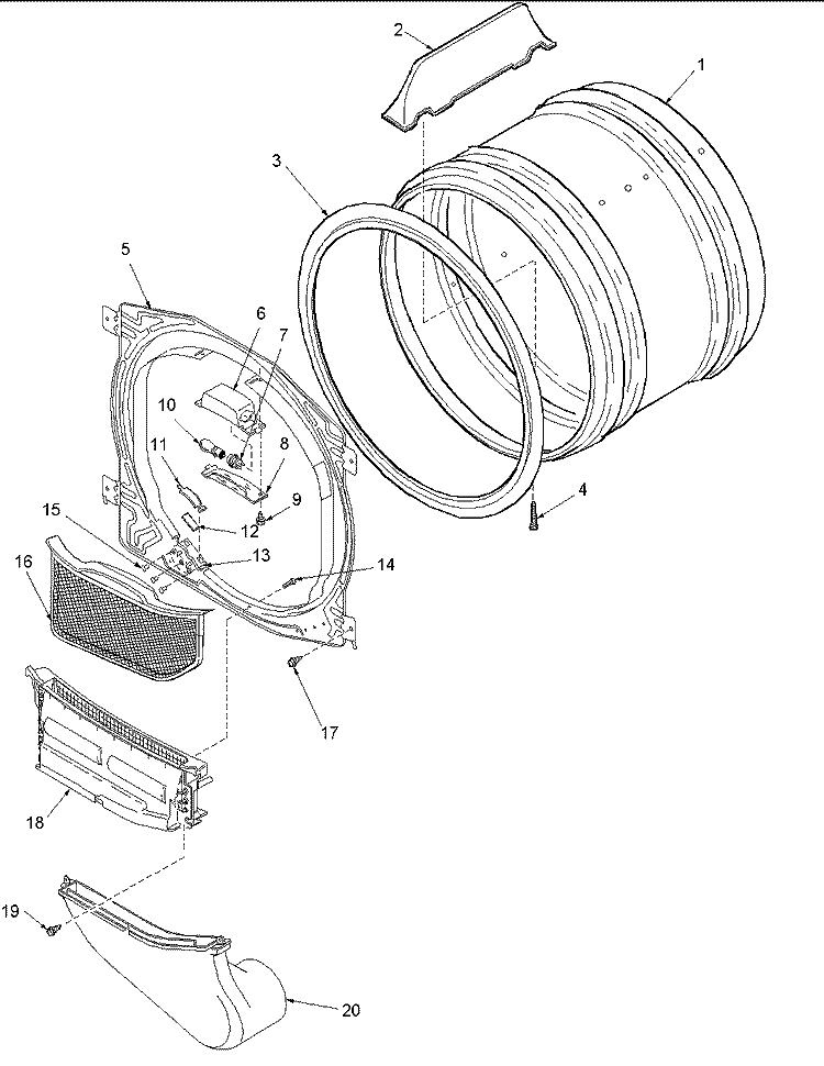FRONT BULKHEAD, AIR DUCT & DRUM Diagram and Parts List for ALG643RBW PALG643RBW Amana Dryer