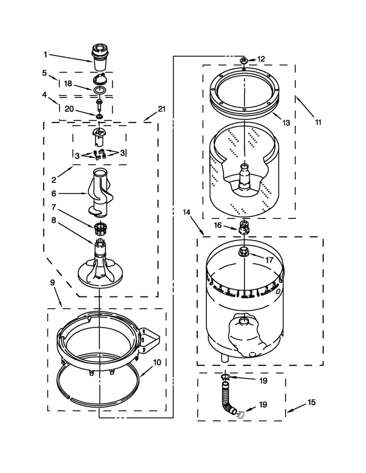 Agitator, Basket And Tub Parts Diagram and Parts List for MGT3800XW2  Maytag Washer Dryer Combo