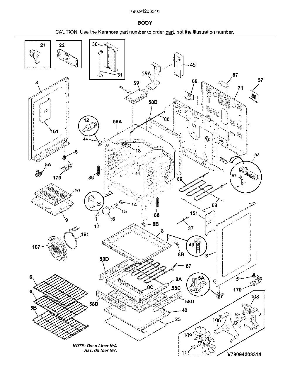 Body Diagram and Parts List for 79094203316  Kenmore Range