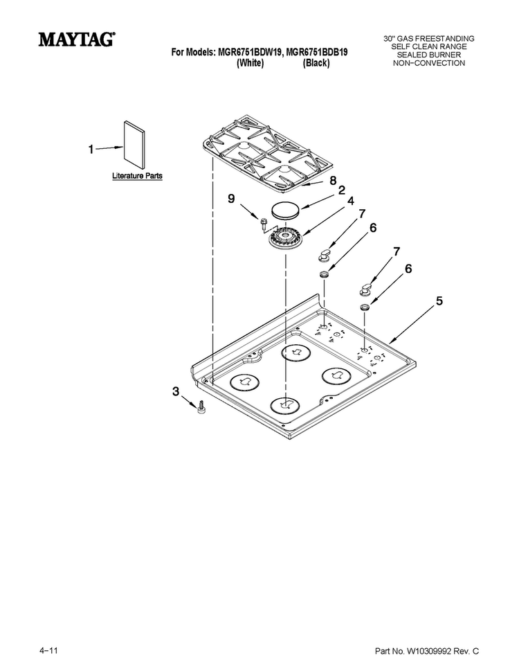 Cooktop Parts Diagram and Parts List for MGR6751BDW19  Maytag Range