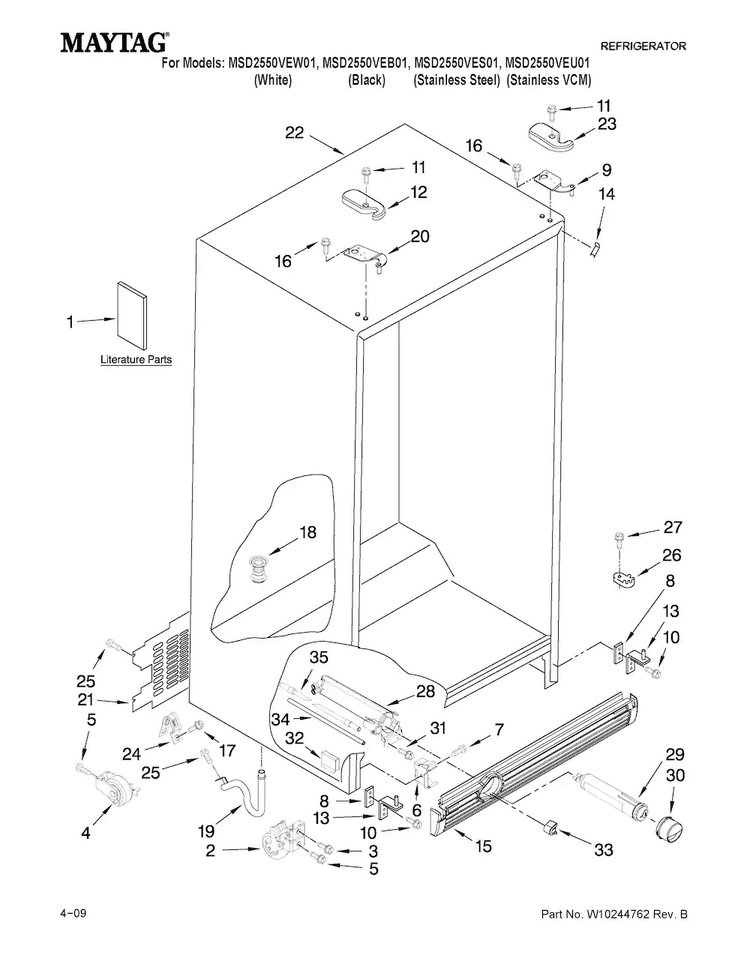 Cabinet Parts Diagram and Parts List for MSD2550VEU01  Maytag Refrigerator