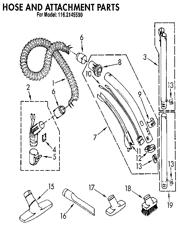 Hose And Attachment Diagram and Parts List for 1162145590  Kenmore Canister Vacuum