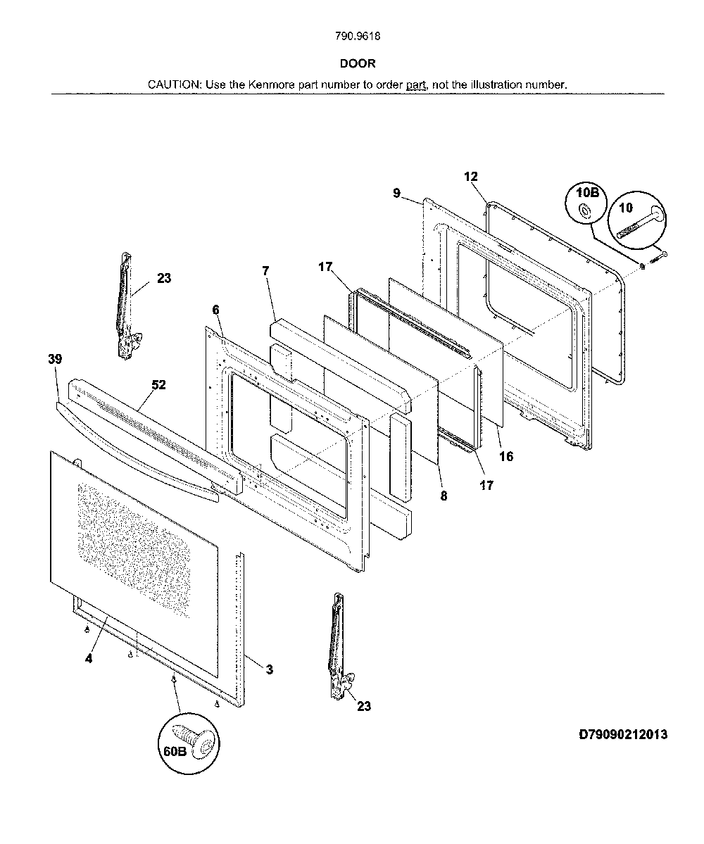 Door Diagram and Parts List for 79096182715  Kenmore Range
