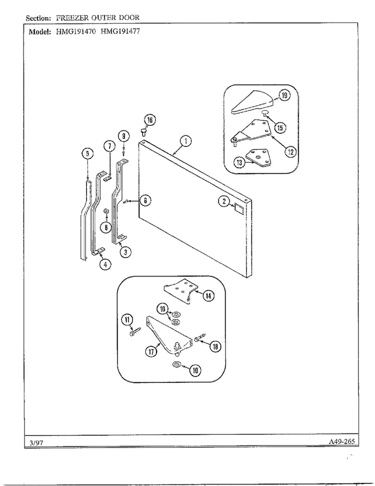 Freezer Outer Door Diagram and Parts List for HMG191470  Admiral Refrigerator