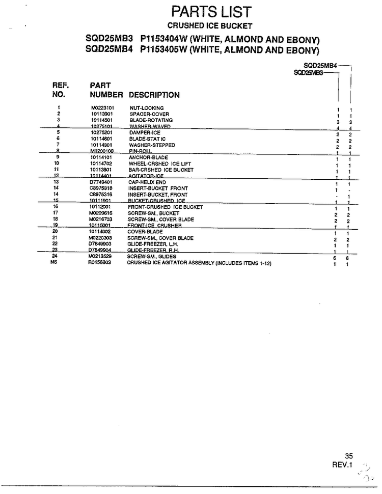 Crushed Ice Bucket Diagram and Parts List for SQD25MB3  Amana Refrigerator