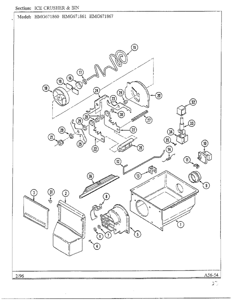 Ice Crusher And Bin Diagram and Parts List for HMG671860  Admiral Refrigerator