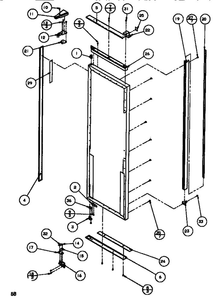 Door/Hinge/Trim Refrigerator Diagram and Parts List for SBDT520M-P1164101W  Amana Refrigerator